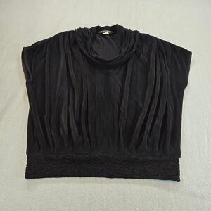 Virginie Paris Black Plisse Cowl Neck Blouse Textured Smocked Hem Vintage Style